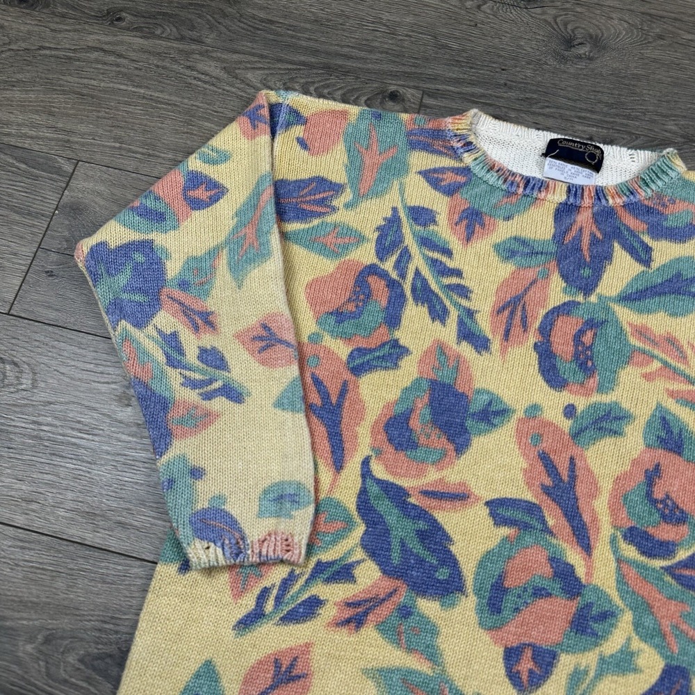 Vintage Country Shop Autumn Leaves Sweater Women's S/M Yellow Pastel Abstract - Picture 2 of 7